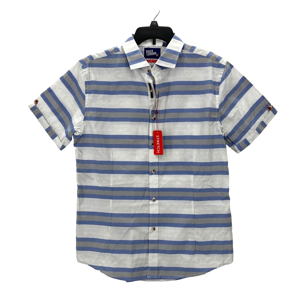 Billy London Shirt Mens Large Slim Blue Striped Short Sleeve Stretch Nautical